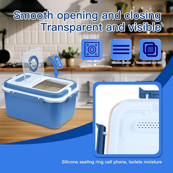 PENCK 20lbs Rice Storage Container Stainless Steel, 10L Airtight Flour Cereal Dispenser with Measuring Cup Portable Food Storage Box for Kitchen Pantry Countertop Blue