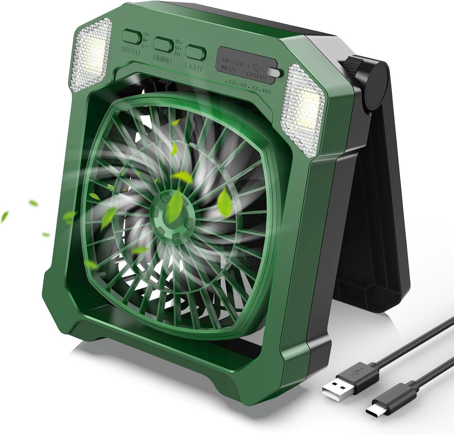 Solar & USB Rechargeable Camping Fan – 10000mAh Battery, 3-Speed, LED Light, Quiet Cordless Fan for Tent, RV & Emergencies