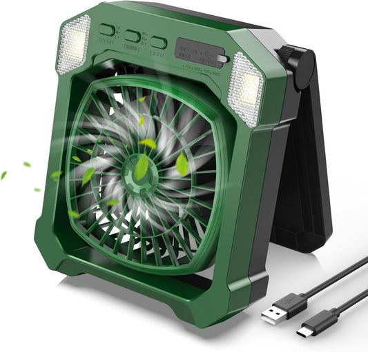 Solar & USB Rechargeable Camping Fan – 10000mAh Battery, 3-Speed, LED Light, Quiet Cordless Fan for Tent, RV & Emergencies