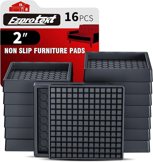 Ezprotekt Non Slip Furniture Pads, 16 Pcs 2" Anti Slip Rubber Caster Cups, Anti Skid Furniture Coasters for Hardwood Floors, No Slide Furniture Gripper, Furniture Stoppers to Prevent Sliding (Black)
