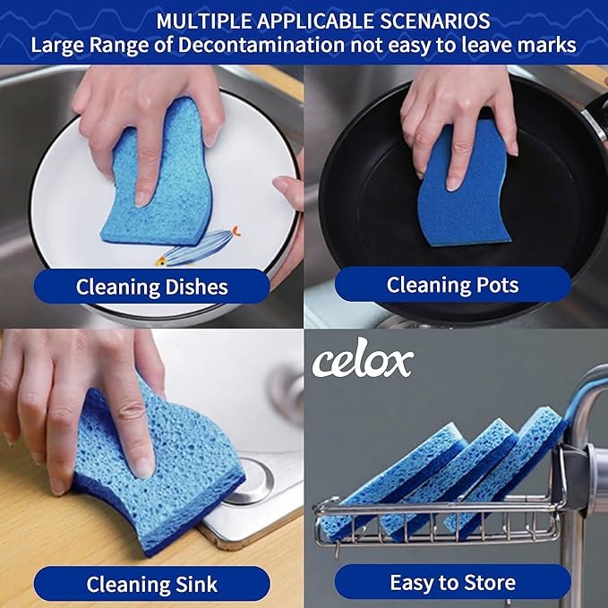 CELOX Sponges Kitchen, Sponge for Dishes, Cleans Fast Without Scratching, Blue