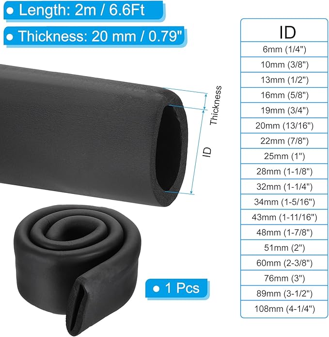 PATIKIL 4-1/4"(108mm) ID x 6.6Ft Pipe Insulation Foam Tube, Pipe Cover Wrap Roll Bar Padding Tubing for Handle Grip HVAC Outdoor Air Conditioner Units, Black