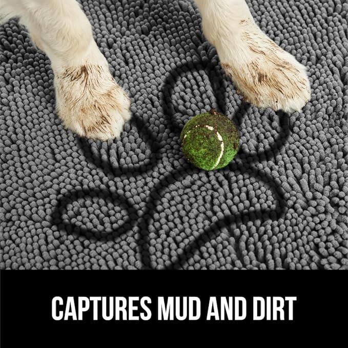 GORILLA GRIP SoakSTOPPER Dog Door Mat, 35x24 Machine Washable Rug Absorbent Doormat Captures Moisture Mud Dirt, Quick Dry Soft Chenille Entryway Rugs Indoor Entrance Mats for Dog Paws, Paw Grey