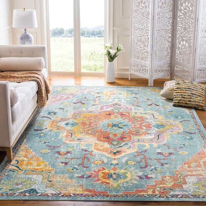 SAFAVIEH Crystal Collection X-Large Area Rug - 11' x 16', Teal & Orange, Medallion Distressed Design, Non-Shedding & Easy Care, Ideal for High Traffic Areas in Living Room, Bedroom (CRS501J)