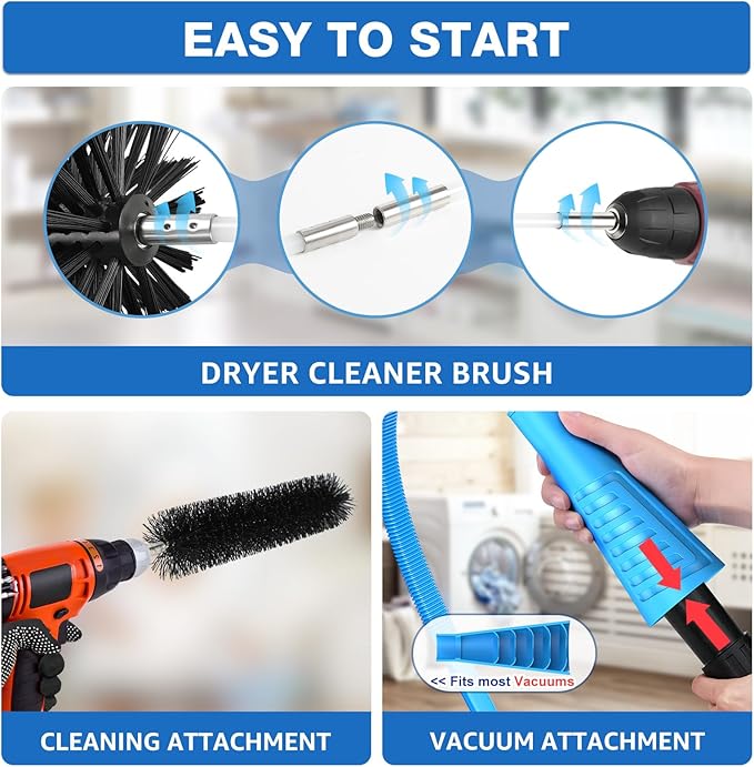 32-Feet Dryer Vent Cleaner Kit, Dryer Vent Cleaning Kit Lint Remover with Dryer Vent Brush, Vacuum Hose Attachment Cleaning Tools, Flexible Lint Trap Brush, Vacuum & Dryer Adapters