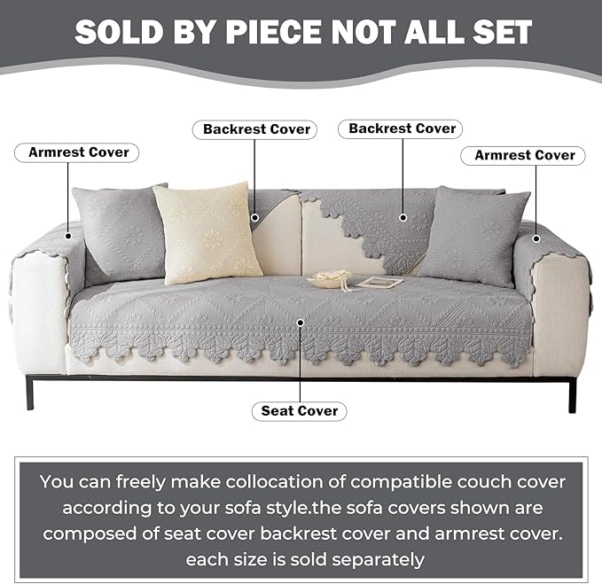 Cotton Quilted Dog Couch Cover for Sofa Farmhouse Rustic Embroidery Sectional Couch Cover Soft Anti-Slip Sofa Slipcover Furniture Protector for Kids, Pets (Grey,36"x70")