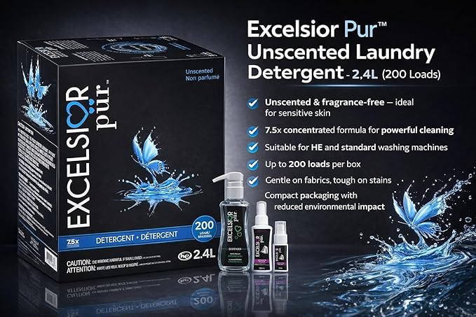 Excelsior Pür 7.5x Concentrated Laundry Detergent, 2.4 L (200 Loads), Fragrance Free/Unscented, Odor Control, Eco-Dispenser + Stain Remover, HE Compatible