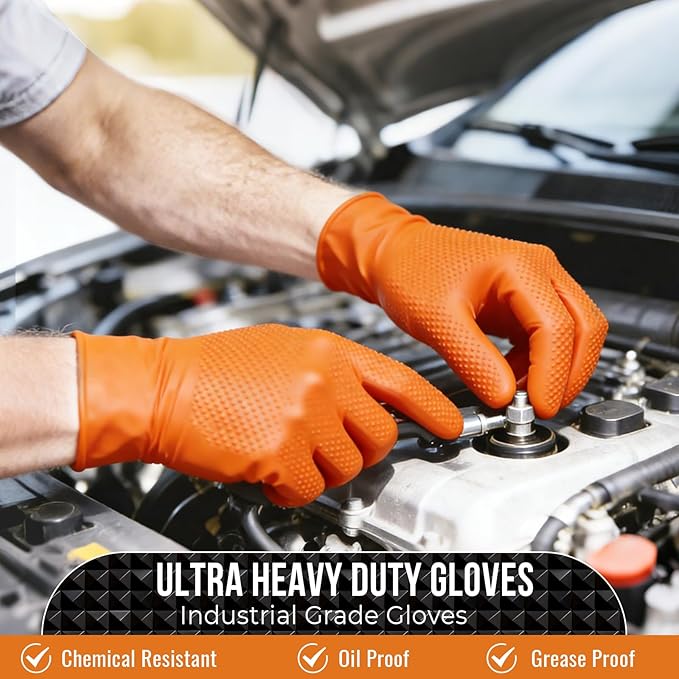 10 Mil Nitrile Disposable Gloves Heavy Duty Mechanic Gloves Raised Diamond Texture Thick (Orange of 1000, Large)