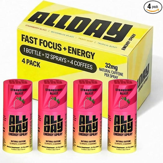 ALLDAY Focus + Energy Spray | Natural Caffeine + L-Theanine + Essential Vitamins | 0 Calorie, 0 Sugar | 12 Spray Bottle | Faster, Cleaner, Smoother Energy (4 Pack Strawberry)