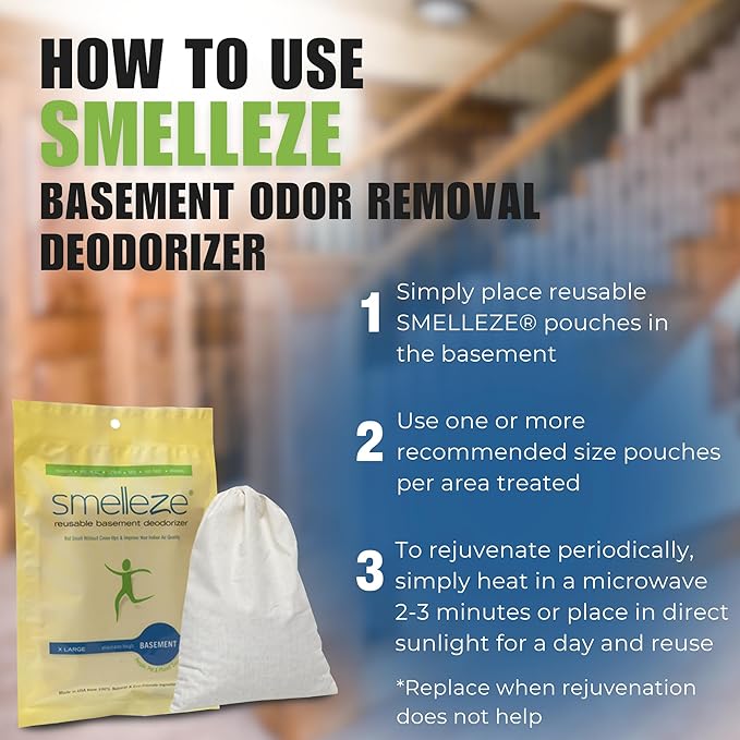 SMELLEZE Reusable Basement Odor Removal Deodorizer Pouch: Rids Funky Smell Without Fragrance Treats 150 Sq. Ft.