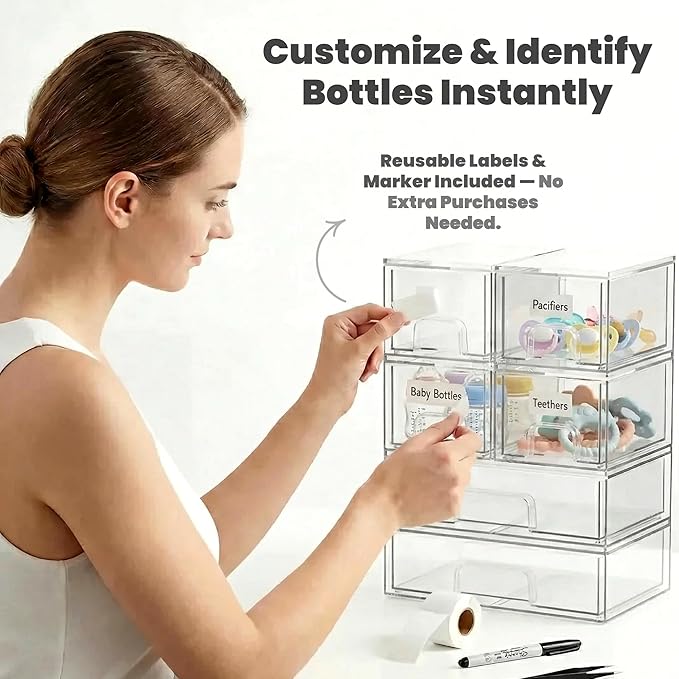 Clear Baby Bottle Organizer For Cabinet, Storage Bins with Pull-Out Drawers, 6-Pack Organizer Set with Labels, Premium PET Plastic Storage Organizer for Pantry, Bathroom, Vanity, Countertop