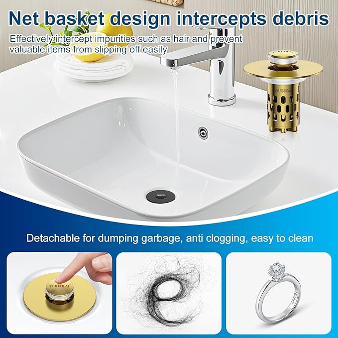 Bathroom Sink Stopper,All Metal Pop-Up Sink Drain Strainer with Removable Stainless Steel Filter Basket, Universal Bathroom Hair Catcher Fit for 1.1-2.36'' Drain (Gold, 1 Pack)