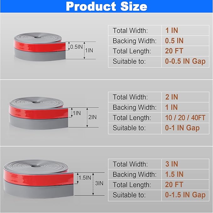 ToLanbbt Weather Stripping Silicone Door Seal Strip 2 in x 40 ft Door Draft Stopper Self Adhesive Door Draft Tape, Side & Bottom Gaps Insulation Strip for Glass Shower Door Sliding Door Window, Gray