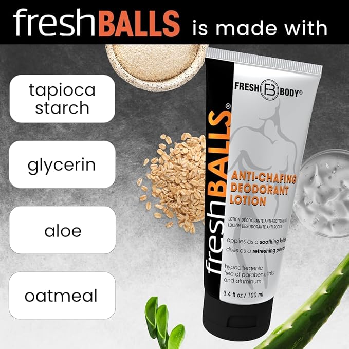 FRESH BALLS Starter Pack - Anti Chafing Lotion for Men, Chafing Cream to Powder Ball Deodorant - Aluminum-Free, Talc-Free 3.4oz Tube & 0.07oz On-The-Go Travel Size Packet (Pack of 15)