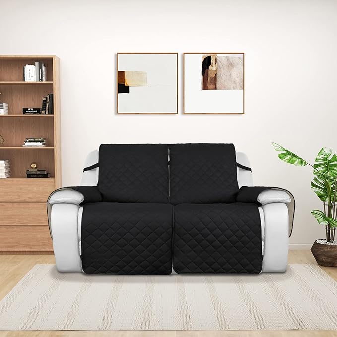 PureFit Water Resistant Reversible Sofa Covers for Reclining Sofa 2 Seat - Non Slip Split Recliner Couch Cover for Double Recliner, Washable Furniture Protector for Kids, Dogs (2 Seat, Black/Beige)