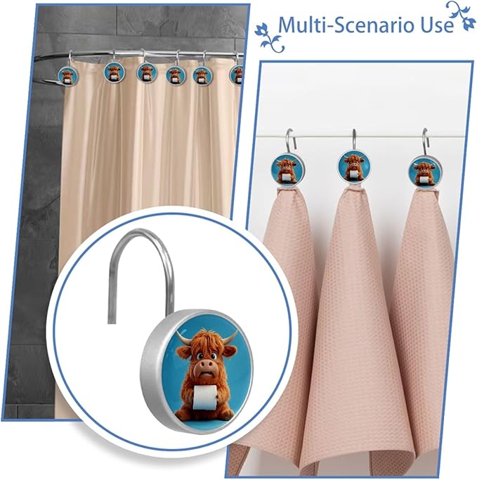 Funny Highland Calf Shower Curtain Hooks Rings, Stainless Steel Rust Proof Shower Curtain Hooks, Decorative Shower Hooks for Bathroom Shower Rods Curtains, Set of 12