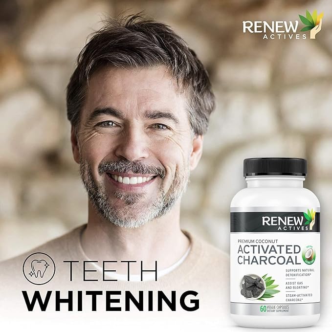 Renew Actives Activated Charcoal Supplement 1100MG per 2 Capsules - Digestive Support & Teeth Whitening Formula, No Artificial Ingredients - Made in Canada - 60 Capsules
