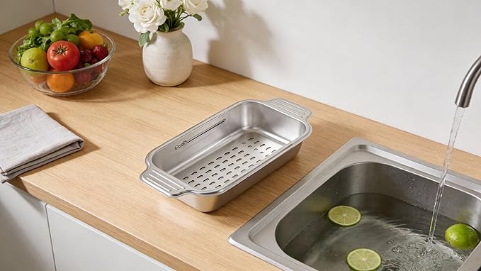 AYNEFY Extendable Over The Sink Basket Expandable Stainless Steel Colander 304 Food Grade Strainer for Washing Vegetables Fruits Pasta Dishes with Rubber Grip Handles (S)