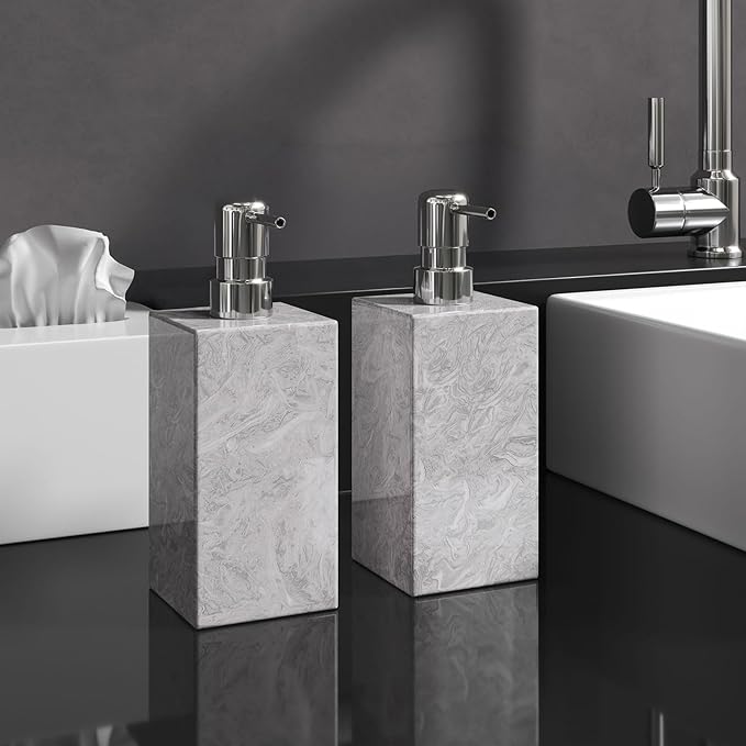 2 Set Real Natural Marble Soap Dispenser with Stainless Steel Pump – Decorative Liquid Hand Soap Bottle for Kitchen & Bathroom, Compatible with Lotion, Dish Soap & Shower Gel (Grey)