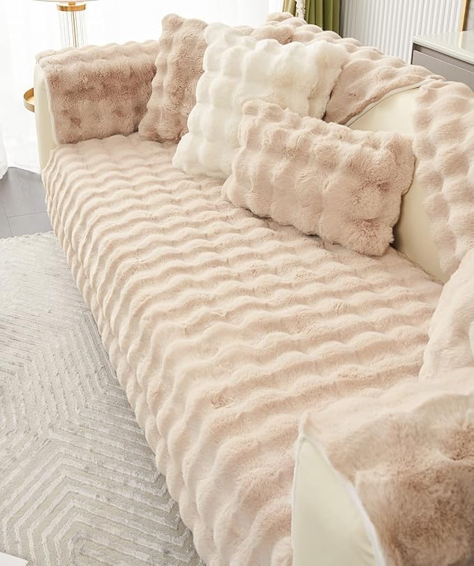 Soft Warm Faux Fur Couch Sofa Cover Thick Shaggy Fuzzy Sectional Couch Cover Non-Slip Solid Color Plush Sofa Slipcover Furniture Protector for Kids, Pets (Light Brown,43"x43")