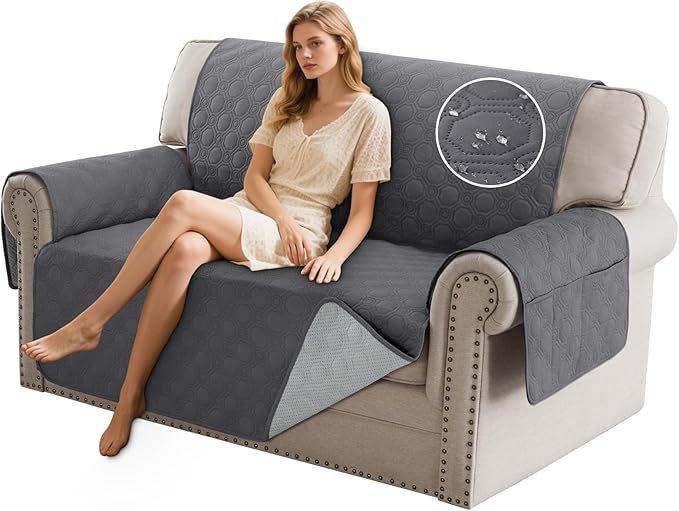 PrinceDeco Waterproof Loveseat Covers for 2 Cushion Couch Furniture Cover Machine Washable Love Seat Quilted Couch Covers, Pet Friendly Slipcovers (Loveseat 48",Grey)