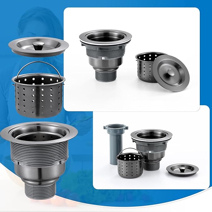 3-1/2-inch Kitchen Sink Drain, Stainless Steel Removable Deep Basket Strainer, Black Sink Drain with Tailpiece