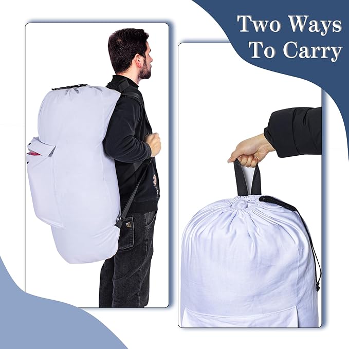 Sanlykate Canvas Backpack Laundry Bag - Extra Large Durable Dirty Clothes 2-3 Days Capacity with Adjustable Shoulder Strap & Front Pocket, for College Dorm, Apartment, Laundromats, Camping Travel