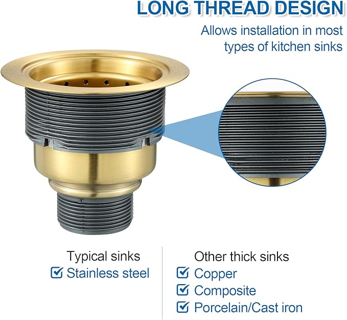 3-1/2-inch Kitchen Sink Drain, Stainless Steel Removable Deep Basket Strainer, Gold Kitchen Sink Drain with Tailpiece