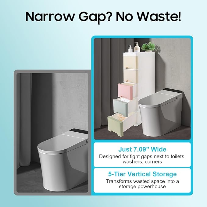Narrow Plastic Drawers Cabinet, Multi-functional Plastic Tower Organizer with Wheels for Small Space Bathroom Bedroom Kitchen Offices Dormitory, 7 * 15 * 33in (Colorful B)
