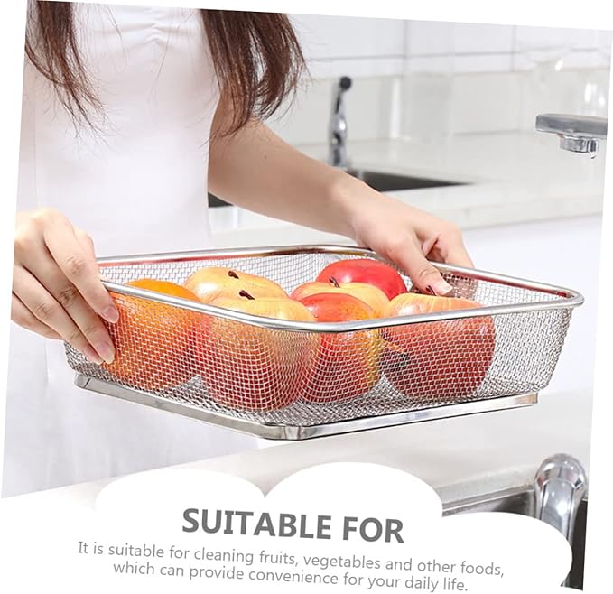 Stainless Steel Fine Mesh Drain Basket 13.4X9.8X3.1In Shallow Colander for Kitchen Sieve and Vegetable Washing Multi-Purpose Strainer with Holes for Easy Water Draining