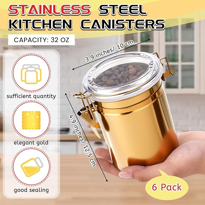 6 Pcs Stainless Steel Food Storage Containers Set Airtight Kitchen Canisters Coffee Jar with Clear Lid and Locking Clamp for Coffee Bean, Tea, Flour, Sugar, Cookie Storage(32 oz)