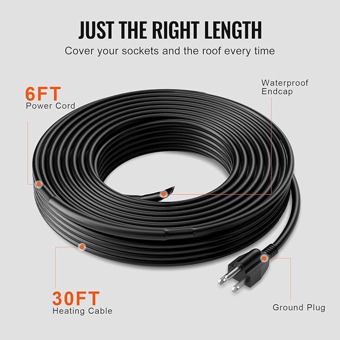 VEVOR Self-Regulating Pipe Heating Cable, 30FT 5W/FT Heat Tape for Pipes, Roof Snow Melting De-icing, Gutter and Pipe Freeze Protection