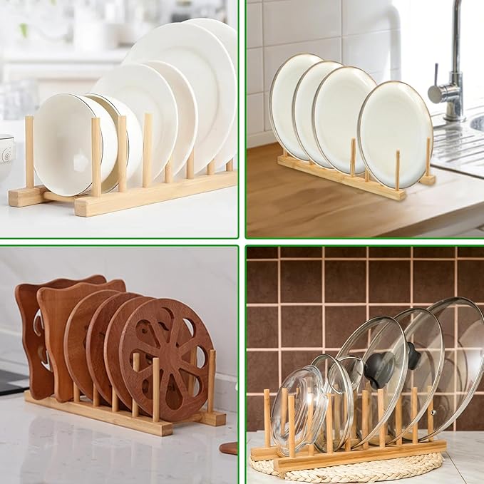 6 Pack Bamboo Dish Dying Rack 8-Slot Wooden Plate Stand Holder Pot Lid Organizer Home Kitchen Cabinet Drainer Storage Racks for Dish, Pots, Lids, Bowls, Cups, Cutting Boards, Books