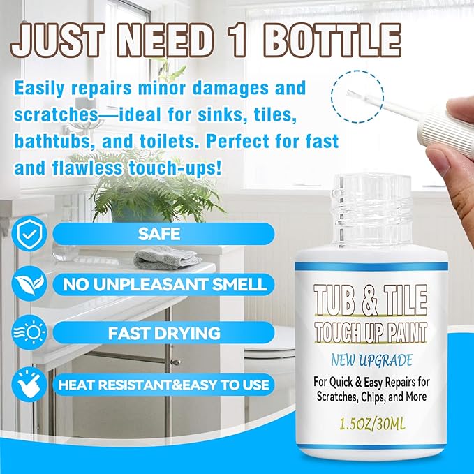 Tub and Tile Paint, 1.5 OZ High-Gloss White Touch Up Paint Pen for Bathtub, Quick-Dry Porcelain Repair Kit for Scratches & Chips on Tubs, Tiles, Enamel, Sinks, Toilets, Porcelain, Acrylic and Cast Iron