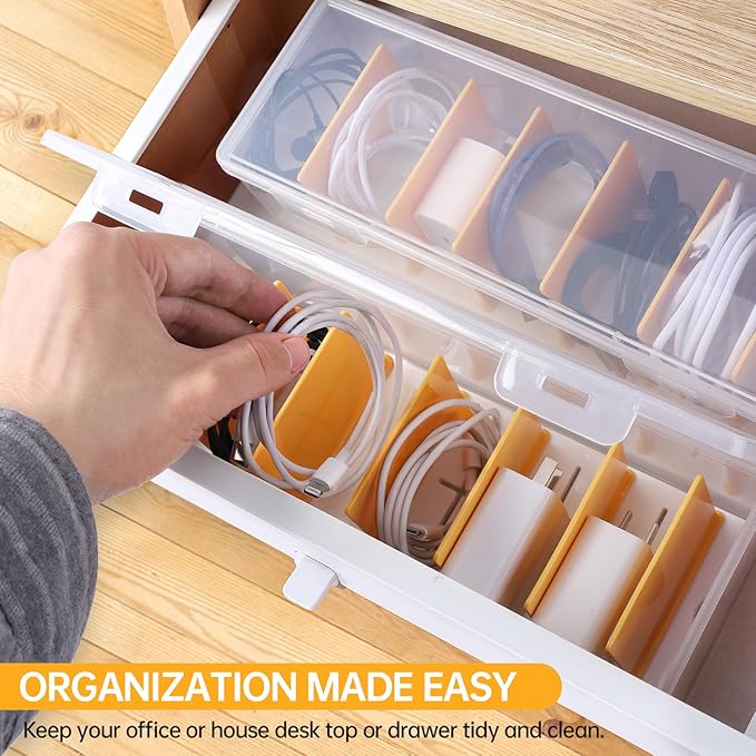 2 Pack Clear Cable Organizer Box with Lid, Plastic Charger Cable Cord Storage Organizer, Office Desk Organizers, Multifunctional Accessories Storage for Home Drawer Office, Stackable