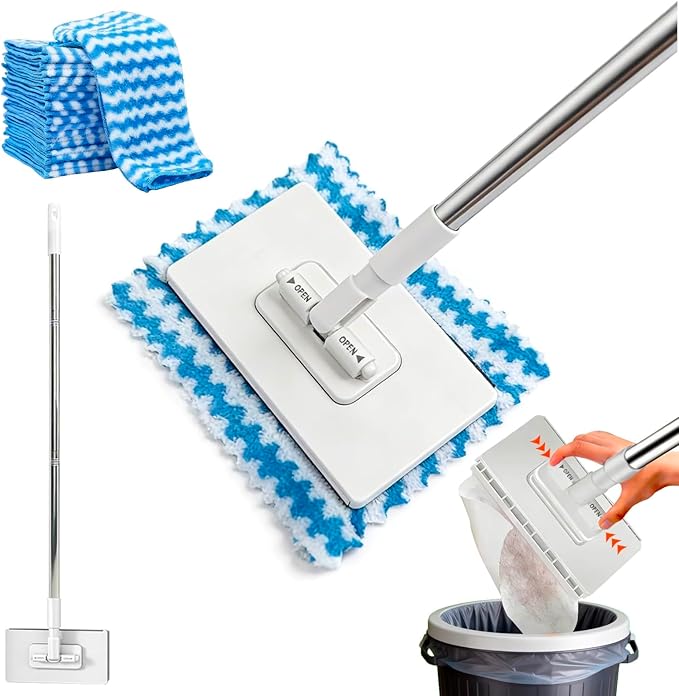 Mini Mop, Zero Touch No Wash Lazy Mop with One-Click Cloth Change, Compatible with Face Towels, Adjustable for Wet/Dry Floors, Tile, Hardwood, Corners (10 Reusable Cloths)