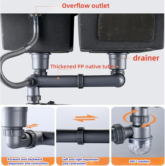 Double Sink Drain Kit Space Saving Kitchen Sink Drain Kit Expandable Flexible 1 1/2" P-Trap Pipe 3-1/2 Inch Sink Drain Assembly Kit with 4-Way Fitting Adapter for Dishwasher
