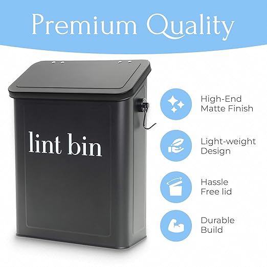 Magnetic Laundry Lint Bin for Dryer | Wall-Mounted Small Trash Can for Laundry Room | Includes Magnetic Hook & Lint Brush | Space-Saving Magnetic Laundry Trash Can | Matte Black