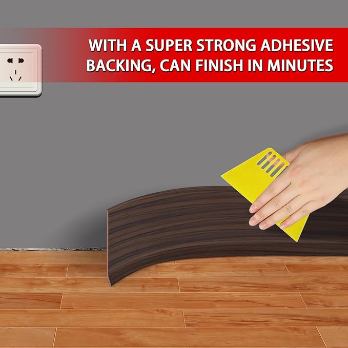 Vinyl Wall Base Baseboard Molding Trim 4" Flexible Self Adhesive Rubber Wall Base Moulding Trim Peel and Stick Design, 4 Inch x 60 Feet, Brown Wood Grain