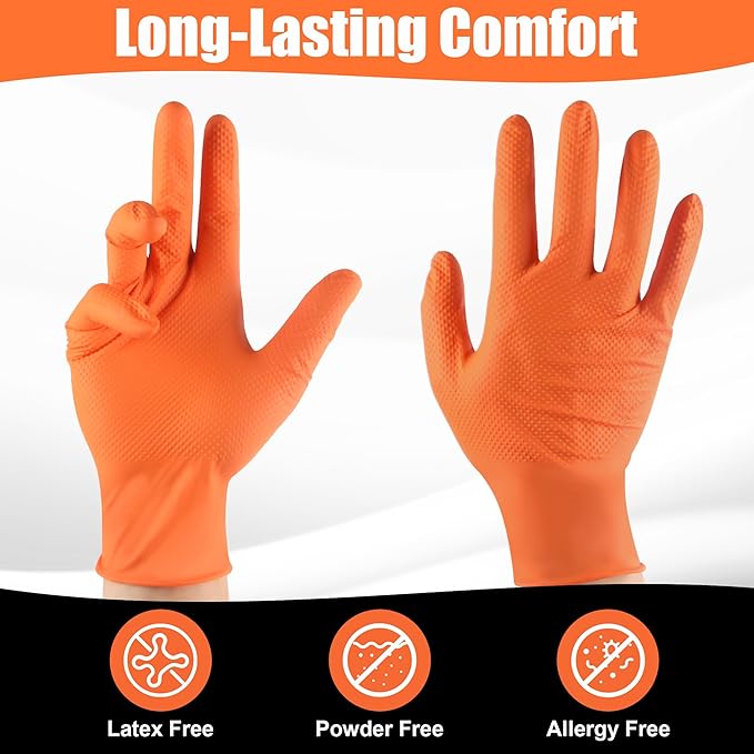 TREEGO 10 Mil Orange Nitrile Gloves Heavy Duty — High-Visibility Diamond Texture Grip, Latex Free Disposable Mechanic Rubber Gloves, XLarge, 100 Count