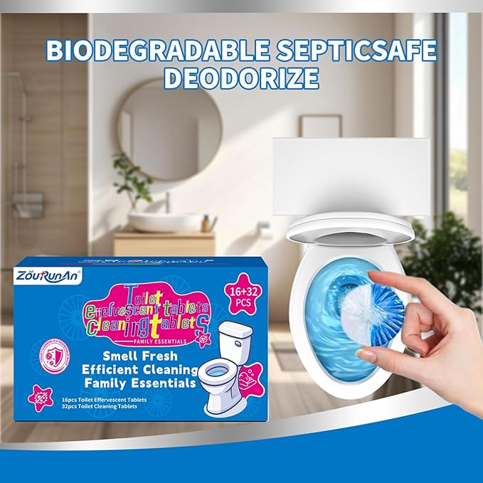 48PACK Toilet Cleaning Tablets Set - 16 Effervescent Toilet Bowl Cleaners Tablets + 32 White Blue Toilet Tank Tablets, Double-Action Formula for Stain, Water Deposit Removal