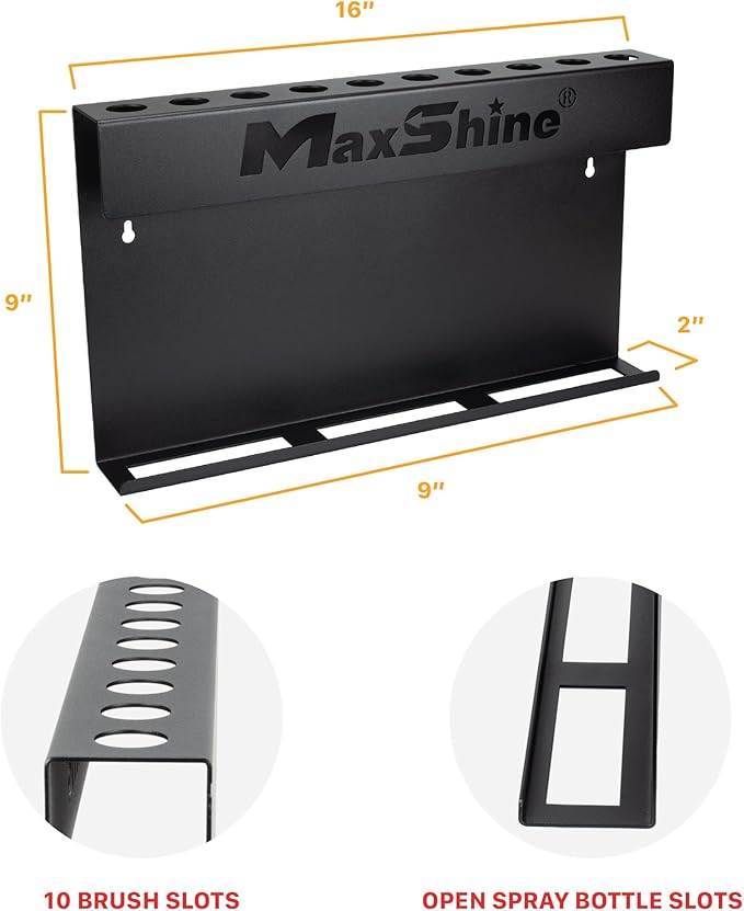 Maxshine Universal Brush & Trigger Bottle Holder (2-Pack) – Wall-Mount Organizer Holds 20 Brushes & 12 Spray Bottles – Black Powder-Coated Metal Rack for Garage, Auto Detailing Shop & Car Care Storage