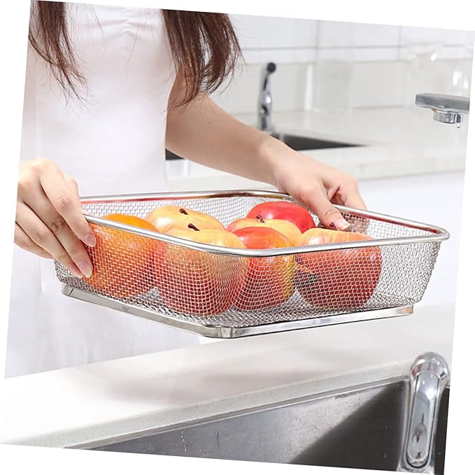 Stainless Steel Fine Mesh Drain Basket 13.4X9.8X3.1In Shallow Colander for Kitchen Sieve and Vegetable Washing Multi-Purpose Strainer with Holes for Easy Water Draining