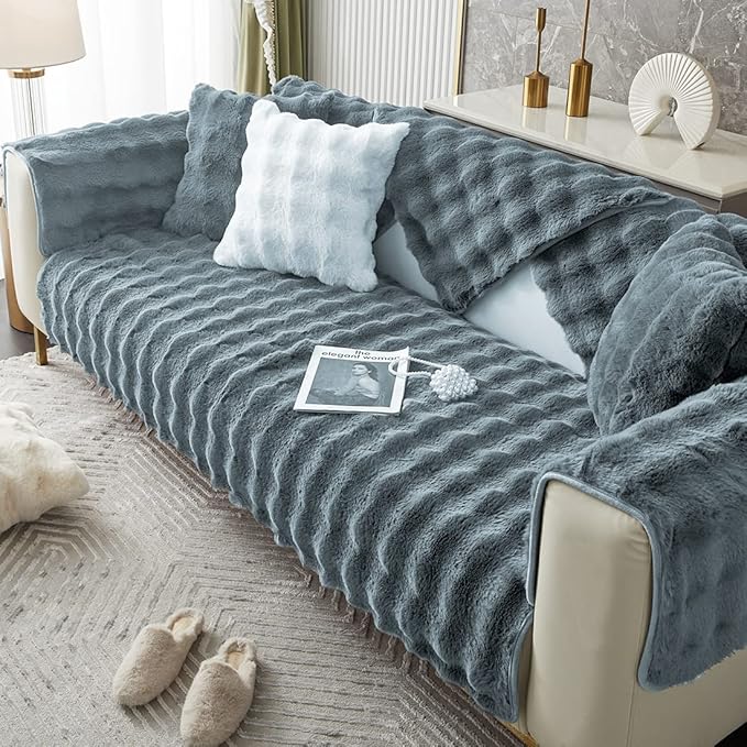 Soft Warm Faux Fur Couch Sofa Cover Thick Shaggy Fuzzy Sectional Couch Cover Non-Slip Solid Color Plush Sofa Slipcover Furniture Protector for Kids, Pets (Grey Black,43"x94")