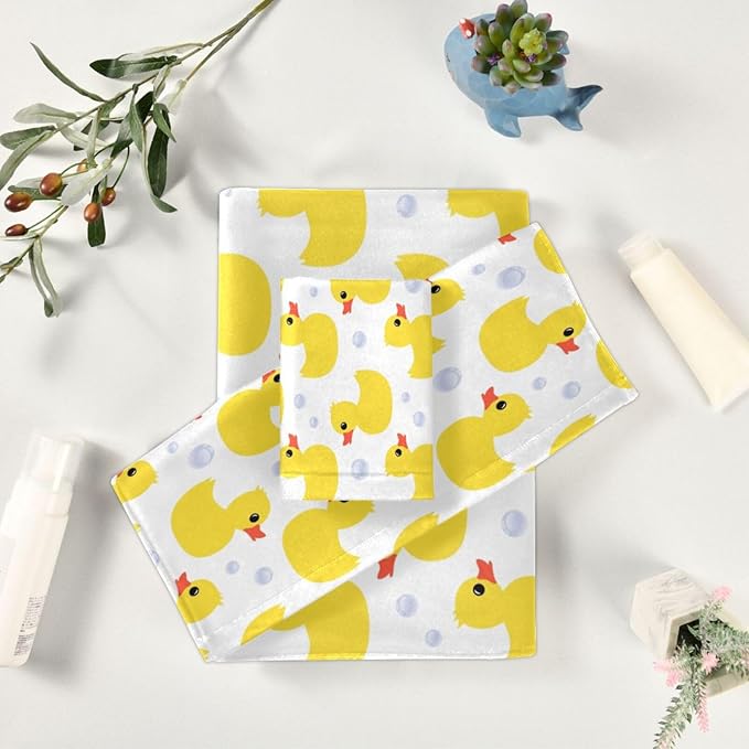 3 Piece Yellow Ducks Bath Towel Set,Microfiber Decorative Vintage Cute Animal Duck Bubbles Pattern Themed Bathroom Towels,1 Bath Towel 1 Hand Towel for Bathroom Kitchen,1 Washcloth for Face