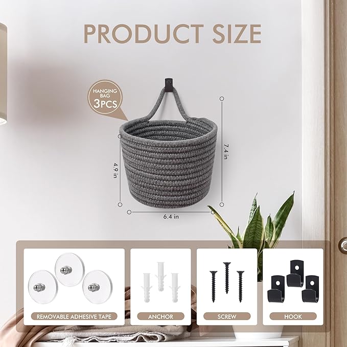 Fabric Wall Hanging Baskets - 3Pack Woven Pouchs Boho Style Wall Mounted Bag with Adhesive Hooks, Storage Organizers and Decoration Pocket Caddy Bins on Door Rack (Dark Gray & Black, Large)