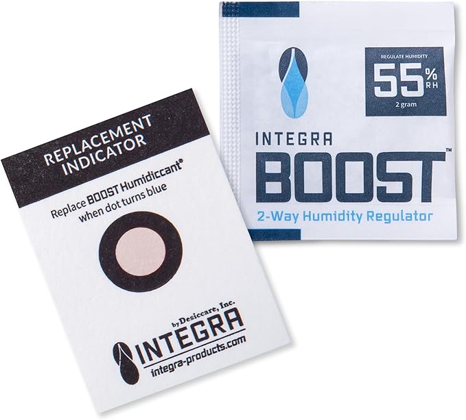 Integra Boost - 55% RH Level - 2 Gram Size - Two-Way Humidity Control Pack - Includes Humidity Indicator Cards - Humidity Balancer Packet For Packaged Foods & Herbs Storage (Pack of 20)