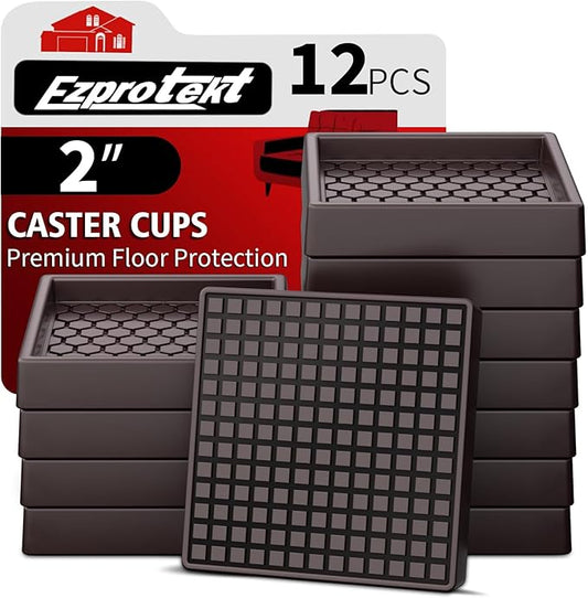 Ezprotekt Non Slip Furniture Pads, 12 Pcs 2" Anti Slip Rubber Caster Cups, Anti Skid Furniture Coasters for Hardwood Floors, No Slide Furniture Gripper, Furniture Stoppers to Prevent Sliding (Brown)