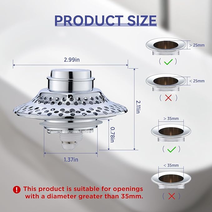 Universal Bathtub Drain Stopper with Removable Hair Catcher, 3-in-1 Pop-up Drain Plug Fits 1.38 to 2.1 Inch Holes, Upgrade Shower Drain Cover with Stainless Steel Filter