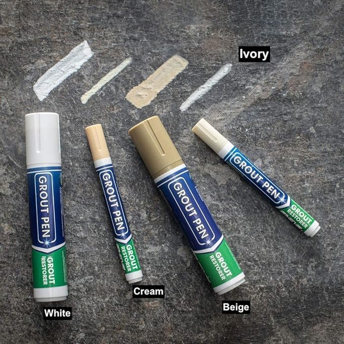 Grout Pen Tile Paint Marker: Waterproof Grout Colorant and Sealer Pen to Renew, Repair, and Refresh Tile Grout - Cleaner Coating Stain Pens - 2 Pack, 15mm Wide Ivory and 5mm Narrow White Tip